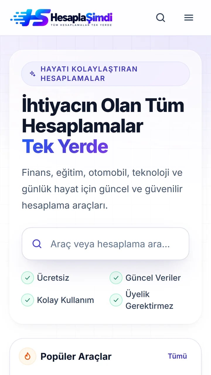 HesaplaŞimdi mobil ana sayfa ekranı